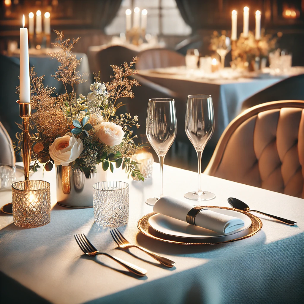 DALLE 2025-01-20 12.33.00 - A single elegantly set table in a stylish restaurant with a white tablecloth, shiny cutlery, crystal glasses, a fresh flower arrangement, and gentle c