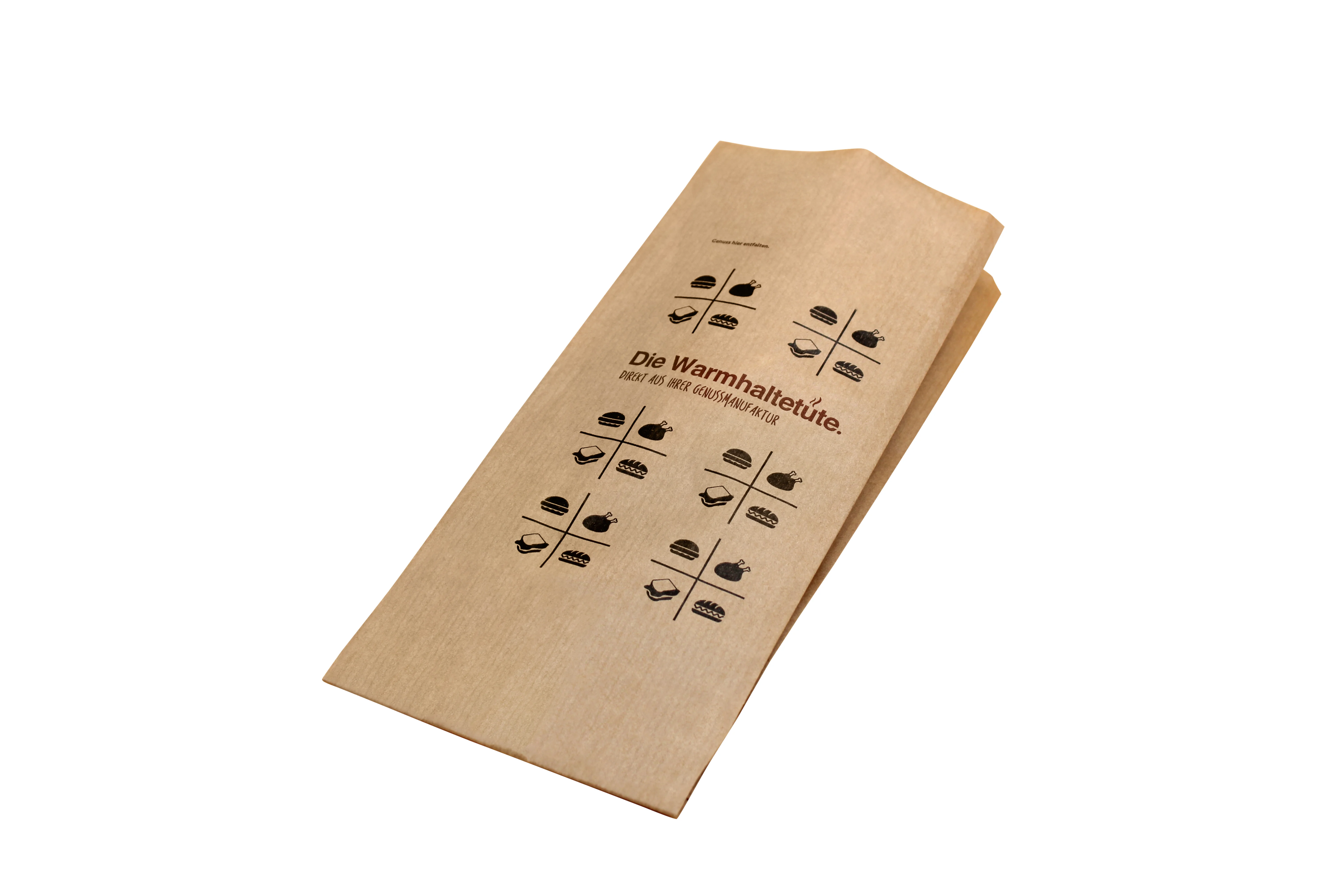 Thermobeutel braun 1/2, 10+6x26 cm Druck: Die Warmhaltetüte, 50gr. Kraft 20µ Folie