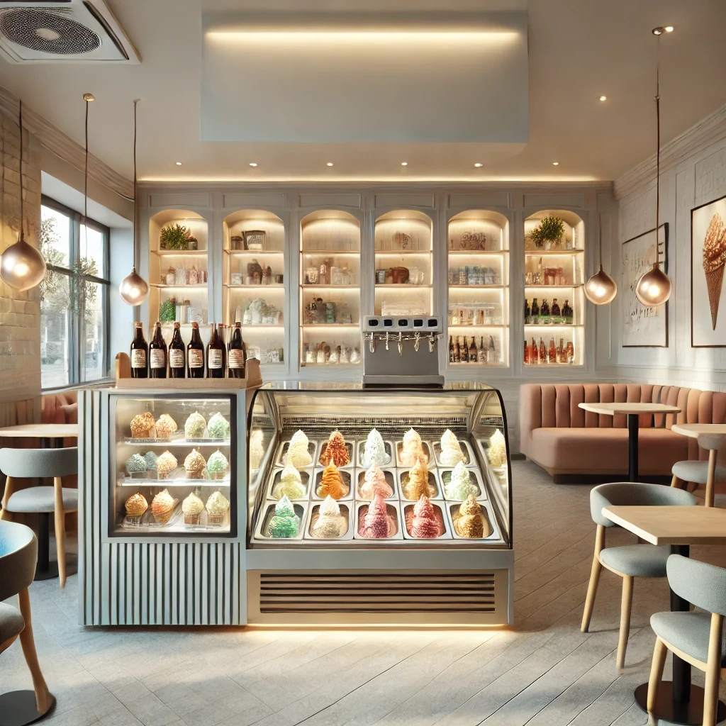 DALLE 2025-01-09 16.05.11 - A modern and stylish ice cream shop with an inviting interior, showcasing a variety of colorful ice cream flavors in a sleek display case. The shop fe