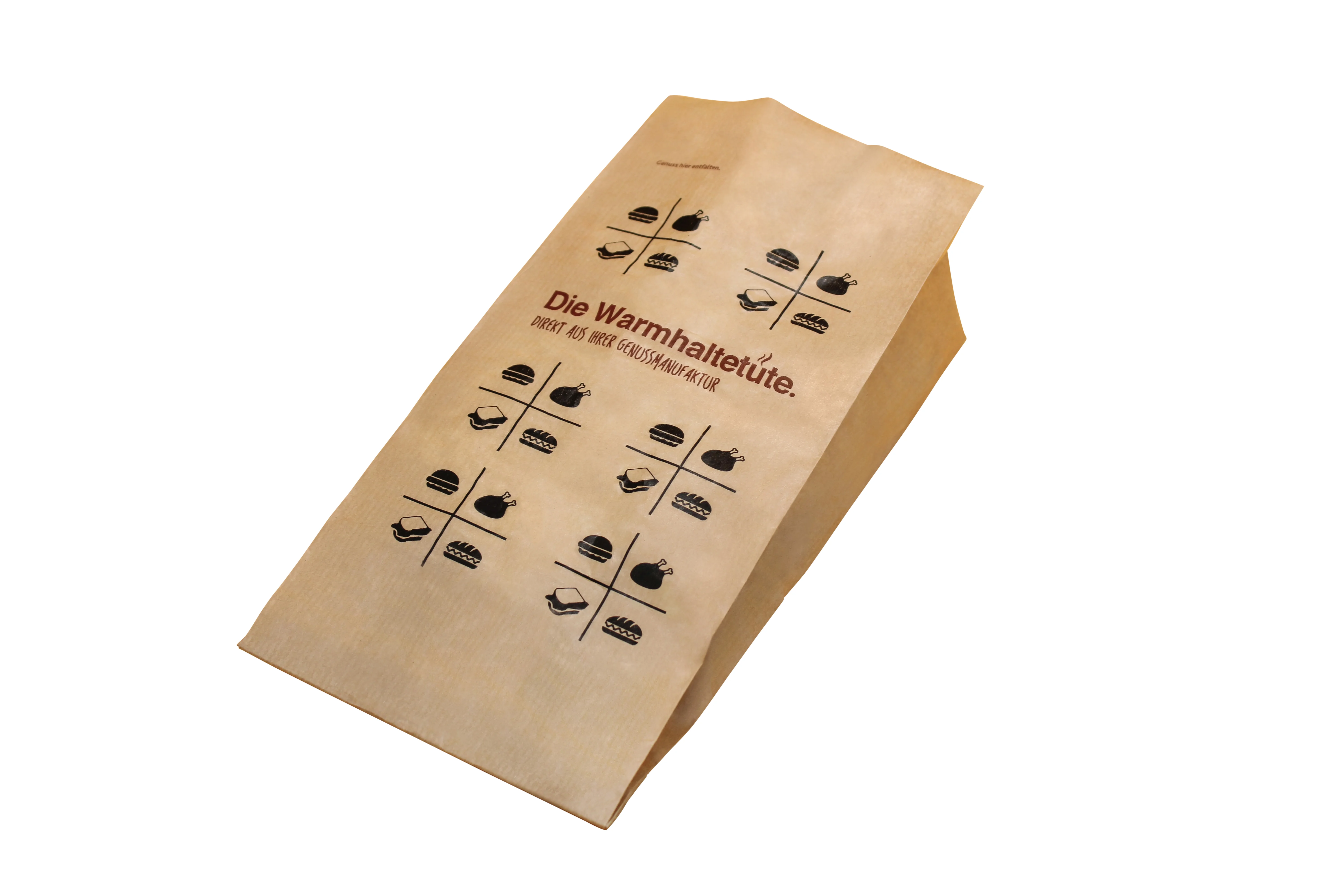 Thermobeutel braun 1/1, 13+8x28 cm Druck: Die Warmhaltetüte, 50gr. Kraft 20µ Folie