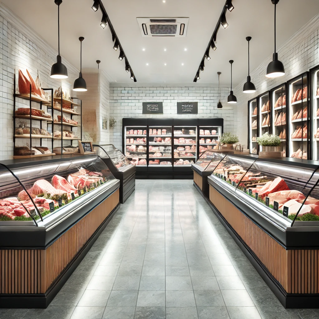 DALLE 2025-01-10 13.58.30 - A sleek and modern butcher shop interior with fresh meat displays in clean, organized counters. The setting emphasizes quality, hygiene, and professio